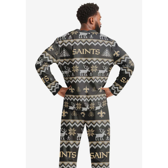 New! Foco 2XL NFL New Orleans Saints Mens Ugly Pattern Family Holiday Pajamas - Picture 2 of 5